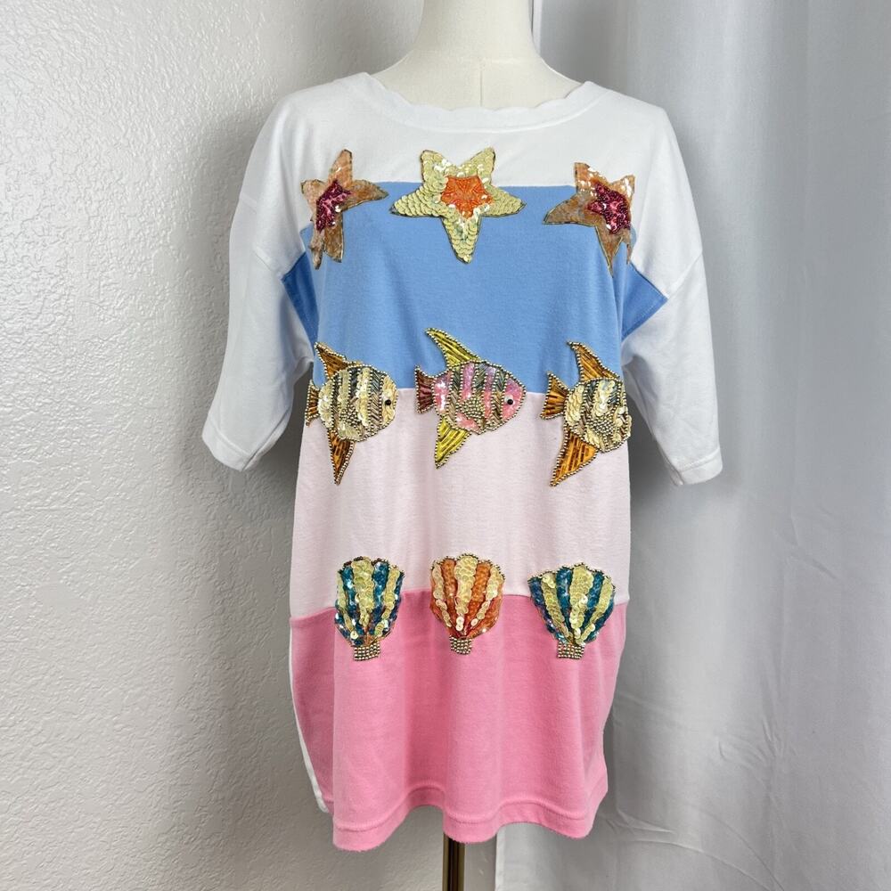 VTG Victoria Harbour Top Womens Large Sequin Beach Sea Coastal Grandma Y2K Retro